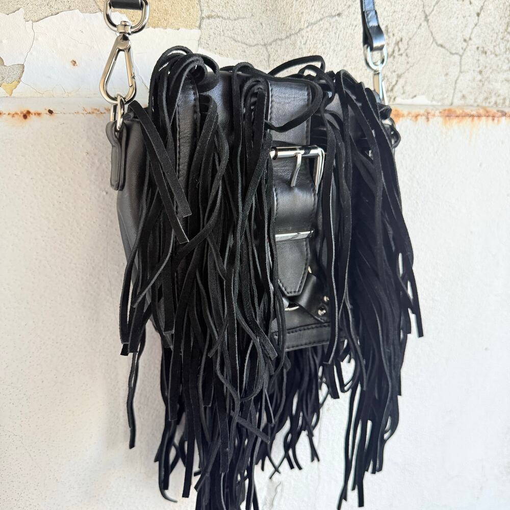 Vtg Fringe Leather Crossbody‎ Bag Y2K Joseph B Black Boho Festival Suede Purse - Picture 6 of 13